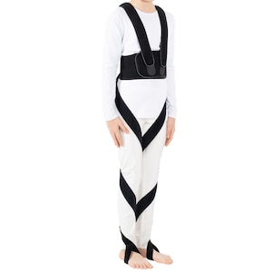 May include: A black support brace with straps that wraps around the torso and legs. The brace is designed to provide support and stability to the body.