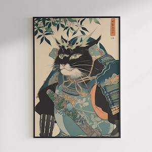 May include: A black and white cat wearing a blue and gold samurai armor with a sword. The cat has a fierce expression and is surrounded by green leaves.