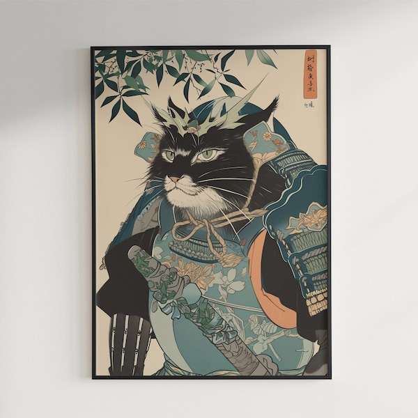 Affiche chat samouraï, estampe japonaise chat guerrier, décoration murale à télécharger, cadeau amateur de chat style Matsumoto Hoji