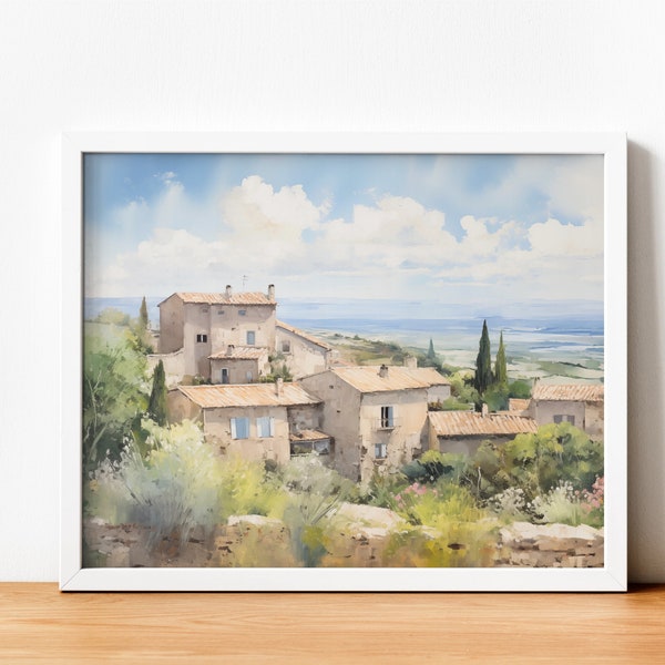 Peinture de paysage provençal, aquarelle, art imprimable, village de Provence, cadeau, style provençal, téléchargement instantané