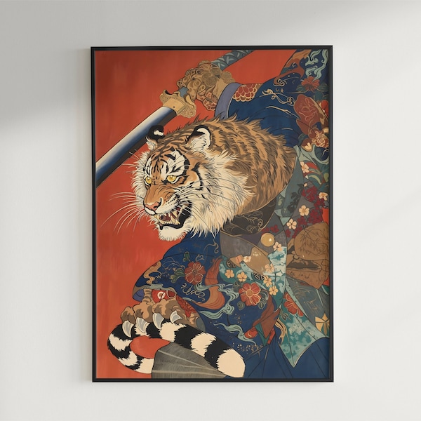Affiche tigre japonais vintage, téléchargement instantané, art japonais, tigre asiatique, estampe traditionnelle, esprit zen, déco exotique