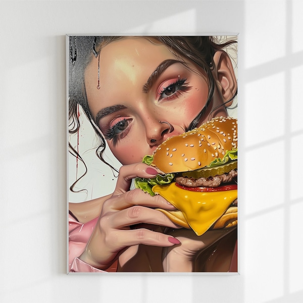 Affiche moderne femme mangeant un hamburger, Portrait réaliste, Décoration murale, Gourmandise chic, Cuisine art, Pop art, hamburger