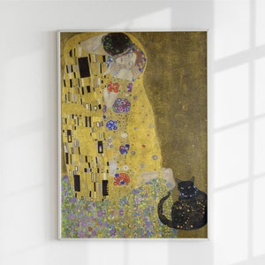 Le chat et le baiser de Klimt, affiche chat viennois, sécession viennoise, chat et couple amoureux, cadeau pour amoureux des chats, félin