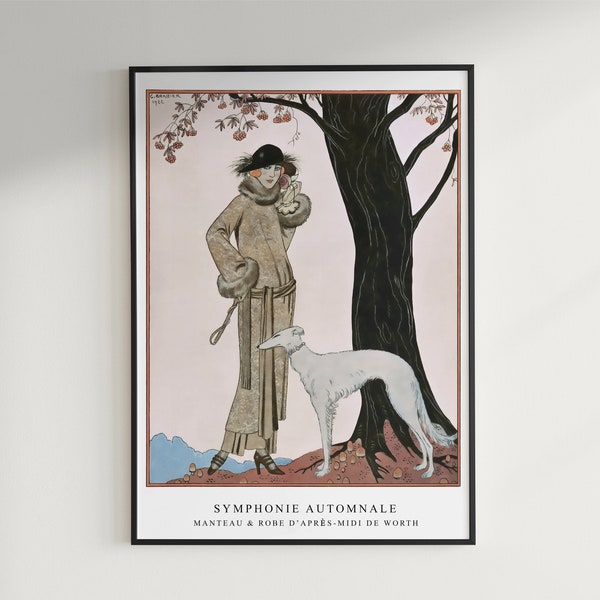 Paris haute couture poster 1920, 1920s fashion print, Worth, art deco poster elegant lady and greyhound, image to download