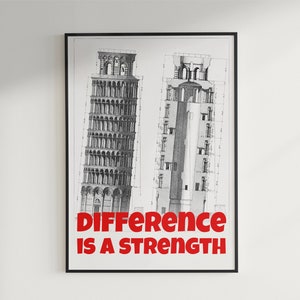 Cartel de la Torre de Pisa, cita inspiradora, grabado antiguo Torre de Pisa, dibujo arquitectónico, la diferencia es una fuerza, regalo inspirador