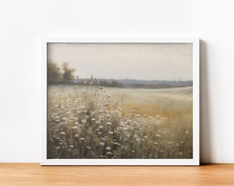 Vintage Wildflower veld landschap schilderij afdrukbare, oude landschap Art Print, land veld, digitale download