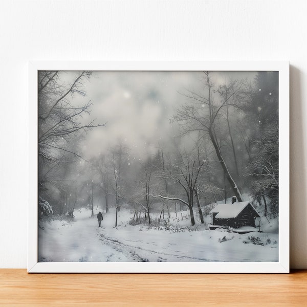 Affiche paysage hivernal forêt sous la neige, peinture sapins dans la neige vintage, image à télécharger, peinture forêt enneigée vintage