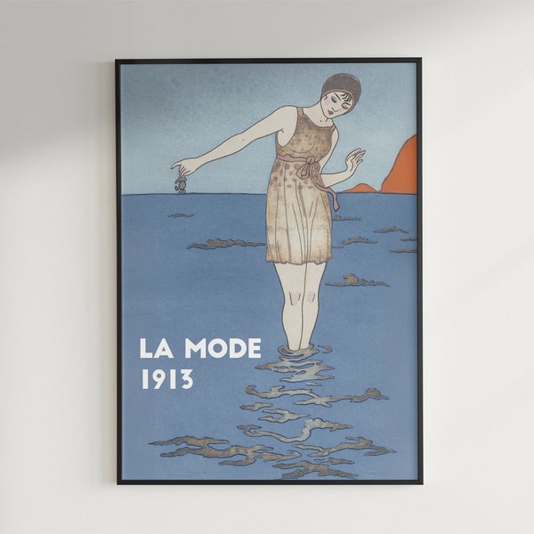 Affiche mode Paris 1913, gravure de mode années 1913, poster femme en maillot de bain élégante , image à télécharger, affiche rétro bain mer