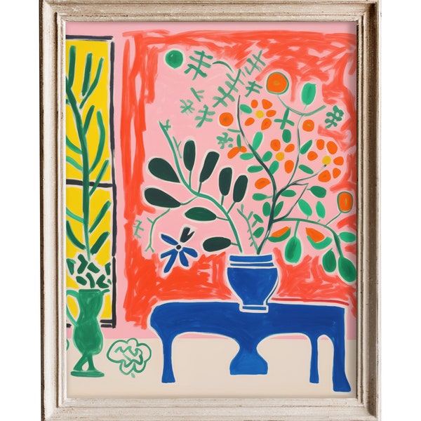 Peinture vase et fleurs Matisse, Affiche stylisée bouquet, affiche colorée minimaliste, téléchargement numérique, décor floral, bouquet