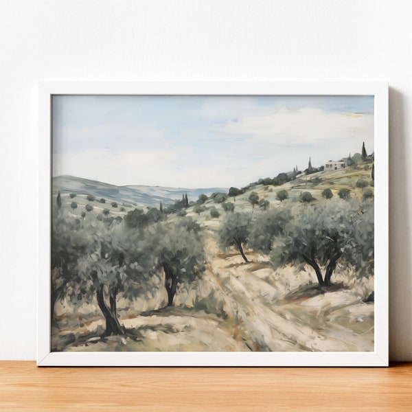 Peinture de paysage de Toscane, champ d'oliviers, Téléchargement immédiat, Décoration murale, Style méditerranéen, Campagne italienne