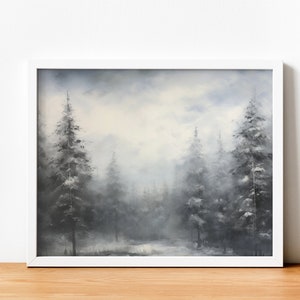Winter forest landscape poster in the snow, vintage fir trees in the snow painting, image to download, vintage snowy forest painting