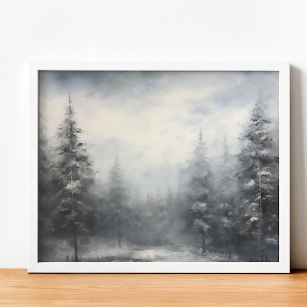 Affiche paysage hivernal forêt sous la neige, peinture sapins dans la neige vintage, image à télécharger, peinture forêt enneigée vintage