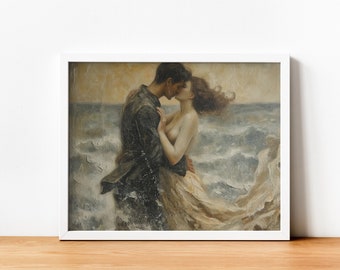 May include: A painting of a couple embracing and kissing in the ocean. The man is wearing a dark jacket and the woman is wearing a flowing white dress. The ocean is a stormy blue with white waves.