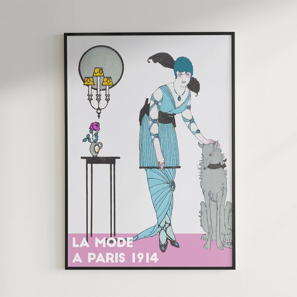 Paris 1914 haute couture poster, 1920 fashion, elegant lady and greyhound poster, image to download, chic, evening dress, fashionista gift