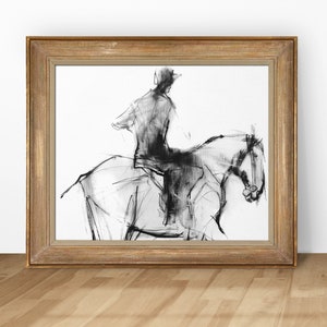 Vintage Horses Art Print, Antique Horse Charcoal, Equestrian Sketch, Modern Printable Digital Art, Man and Horse Charcoal