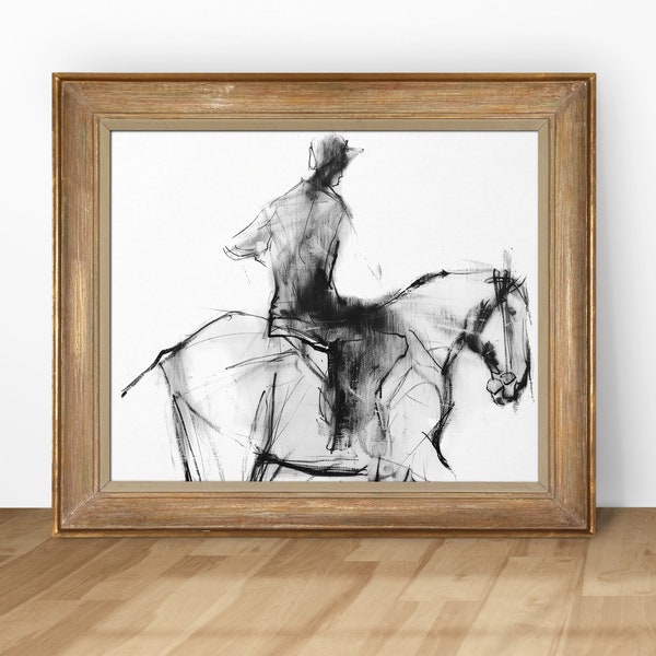 Impression d'art de chevaux vintage, Fusain cheval antique, Croquis équestre, Art numérique imprimable moderne, Fusain homme et cheval
