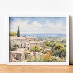 Provencal landscape painting, watercolor panorama, printable art, Provence village, gift, Provencal style, instant download