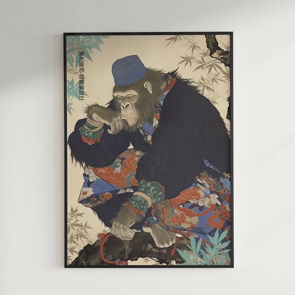 Estampe singe pensif, affiche vintage singe japonais, art mural téléchargeable, cadeau amoureux du Japon, image animale, vêtement élégant