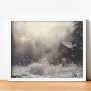Forest landscape poster under the snow, snow painting, snowflakes poster, image to download, vintage snowy forest painting, snow gift