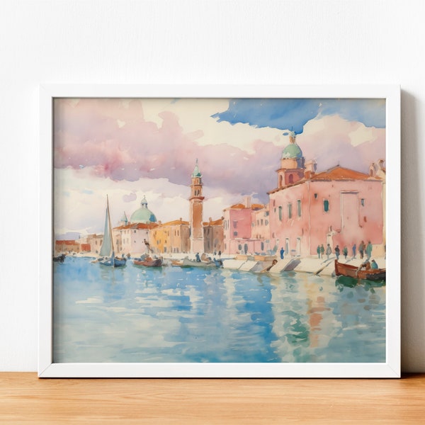 Aquarelle Venise imprimable , affiche numérique, téléchargement instantané, aquarelle bord de mer, décoration murale, art imprimable | A12