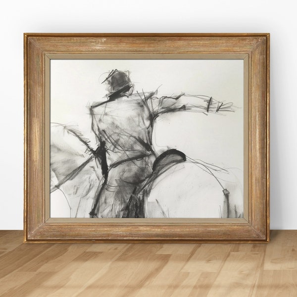 Impression d'art de chevaux vintage, Fusain cheval antique, Croquis équestre, Art numérique imprimable moderne, esquisse homme et cheval