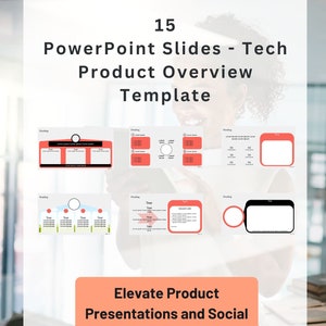 May include: A set of 15 PowerPoint slides designed for a tech product overview. The slides feature a variety of layouts with headings, text boxes, and graphics. The slides are designed to be visually appealing and informative. The text on the slides reads "15 PowerPoint Slides - Tech Product Overview Template" and "Elevate Product Presentations and Social Media Posts".