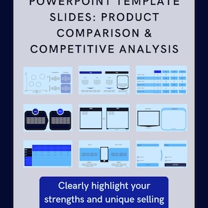 Op de afbeelding: Een set van 10 blauwe en witte PowerPoint-dia's met een blauwe en witte tekstbox die "10 PowerPoint-sjablonen dia's: Productvergelijking & Concurrentieanalyse" luidt. De dia's zijn ontworpen om bedrijven te helpen hun producten te vergelijken met die van hun concurrenten. De dia's bevatten verschillende grafieken, diagrammen en tabellen die kunnen worden gebruikt om gegevens duidelijk en beknopt te presenteren. De dia's bevatten ook een call-to-action om "Uw sterke punten en unieke verkoopargumenten duidelijk te benadrukken."
