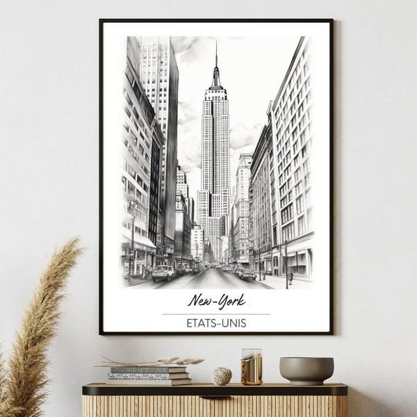 Affiche New-York Noir et Blanc, Tableau Ville Imprimable, Décoration d'Intérieur, Cadeau de Voyage, Souvenir Voyage Poster