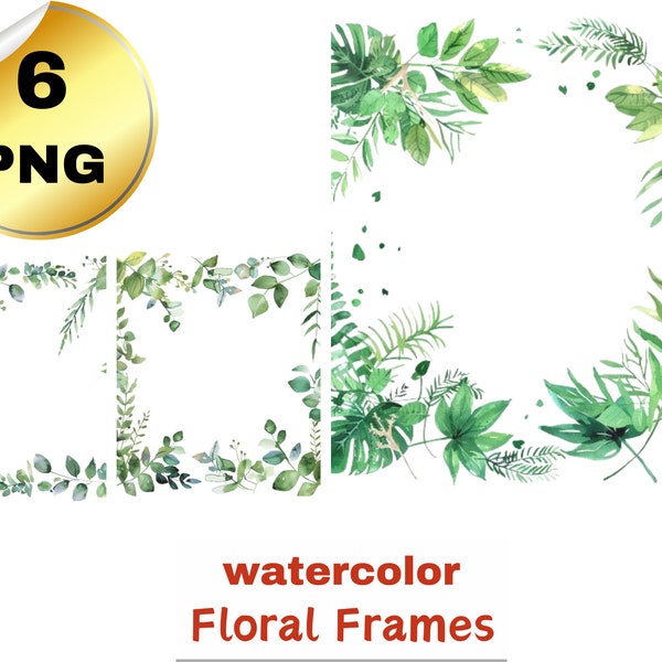 Watercolor Greenery Frames, Borders PNG, Green Leaves Clipart, Greenery Set, Floral Border PNG, Watercolor Clipart, Foliage Clipart