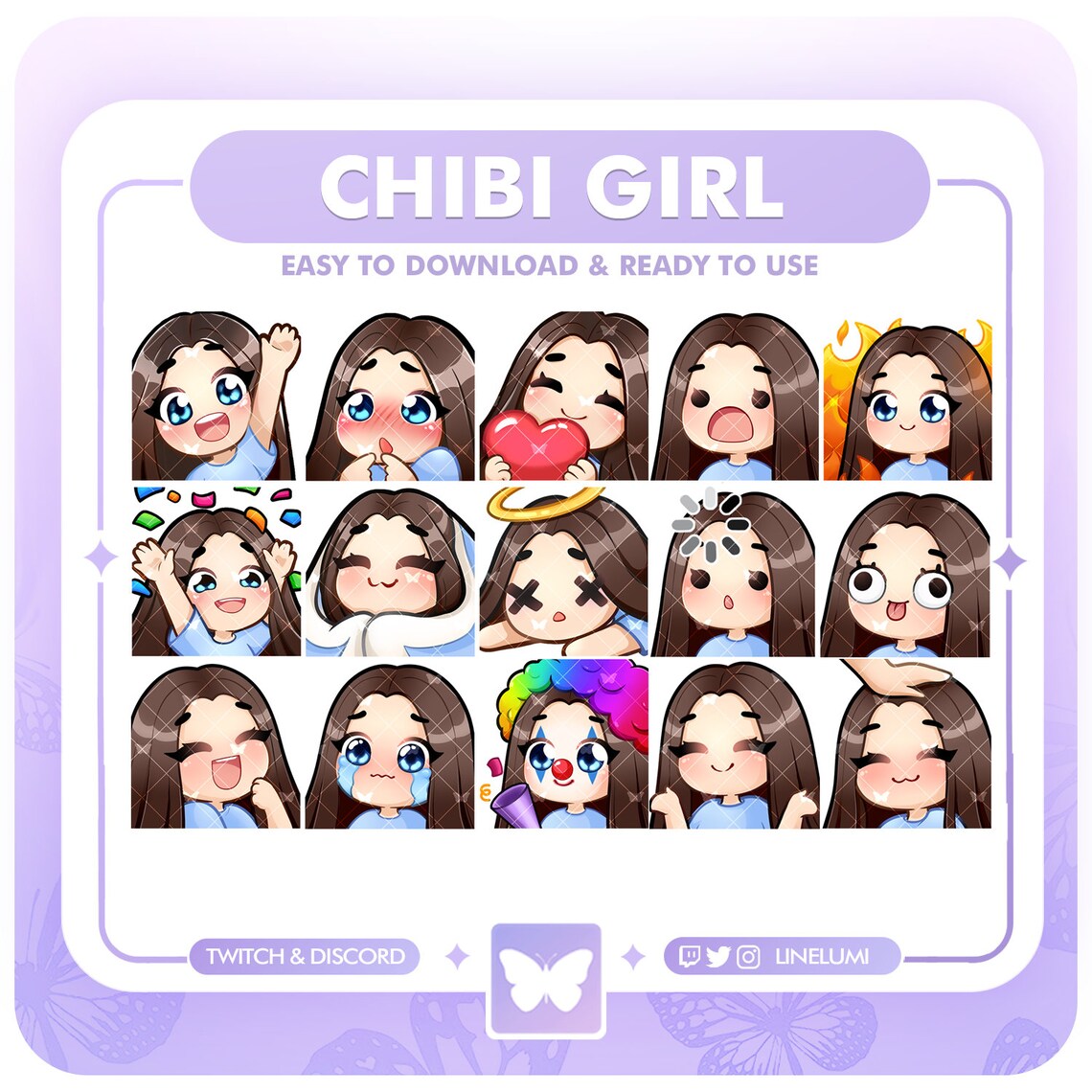 Brown Hair & Blue Eyes Chibi Girl Emotes for Twitch and Discord Cute ...