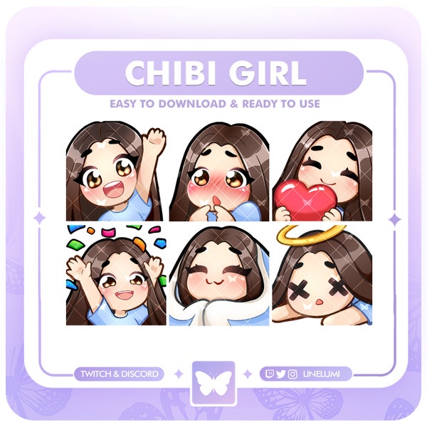 Brown hair & Brown eyes Chibi Girl Emotes for Twitch and Discord | Cute Girl Basic Twitch Emotes