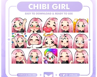 Pink hair & Green eyes Chibi Girl Emotes for Twitch and Discord | Cute Girl Basic Twitch Emotes | MEGA Pack of 15 emotes