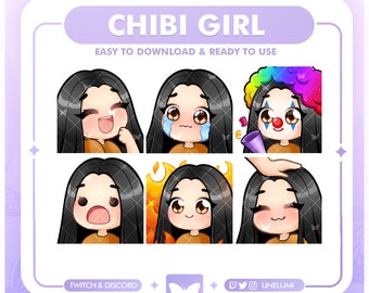 Black hair & Brown eyes Chibi Girl Emotes for Twitch and Discord | Cute Girl Basic Twitch Emotes