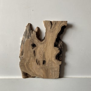 May include: A natural wood slice with a unique, irregular shape and a beautiful grain pattern. The wood is light brown with darker brown streaks and knots.
