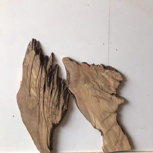 May include: Two pieces of wood with a natural, brown color and a unique, irregular shape. The wood has a beautiful grain pattern and knots.