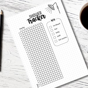 May include: A black and white printable shower tracker with a shower head icon at the top. The tracker has a grid for each day of the month and a key with checkboxes for different shower routines: no shower, hair, body, bath, and full routine.