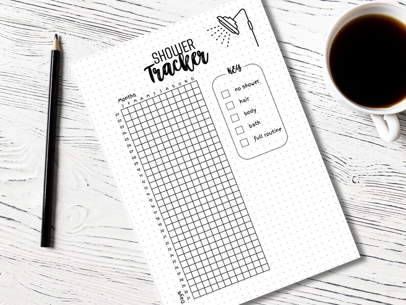 May include: A black and white printable shower tracker with a shower head icon at the top. The tracker has a grid for each day of the month and a key with checkboxes for different shower routines: no shower, hair, body, bath, and full routine.