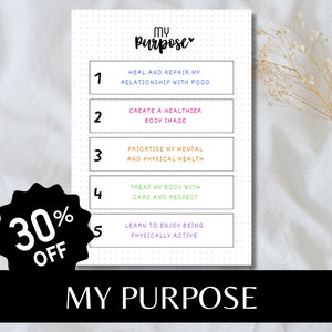 Könnte beinhalten: Ein druckbares Arbeitsblatt mit gepunktetem Hintergrund und dem Titel "My Purpose". Das Arbeitsblatt listet fünf Schritte auf, um Ihre Beziehung zu Ihrem Körper und Geist zu verbessern. Die Schritte sind: 1. Heile und repariere meine Beziehung zu Essen, 2. Schaffe ein gesünderes Körperbild, 3. Priorisieren Sie meine geistige und körperliche Gesundheit, 4. Behandle meinen Körper mit Sorgfalt und Respekt, und 5. Lerne, es zu genießen, körperlich aktiv zu sein.