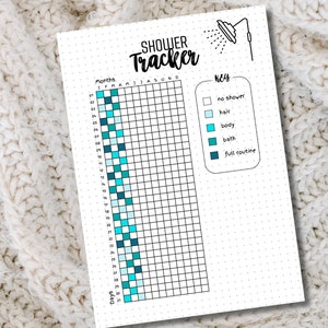 May include: A printable shower tracker with a grid for each day of the month. The grid is colour-coded to track different shower routines: no shower, hair wash, body wash, bath, and full routine.