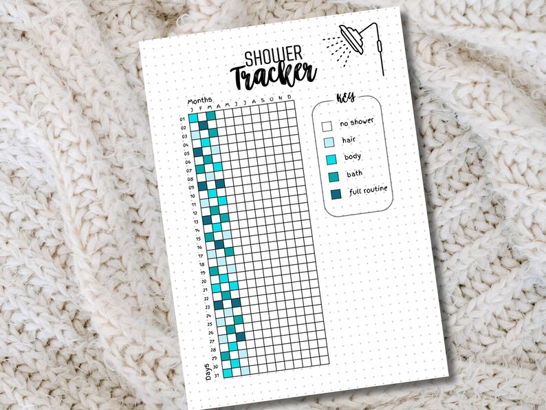 May include: A printable shower tracker with a grid for each day of the month. The grid is colour-coded to track different shower routines: no shower, hair wash, body wash, bath, and full routine.