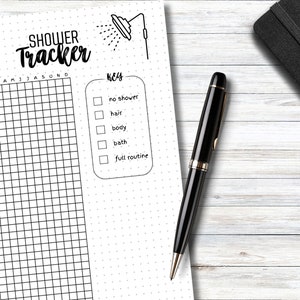 May include: A black and white printable shower tracker with a shower icon at the top. The tracker has a grid with 28 rows and 12 columns. The columns are labelled with the months of the year. The rows are numbered from 1 to 28. There is a key to the right of the grid with checkboxes for "no shower", "hair", "body", "bath", and "full routine".