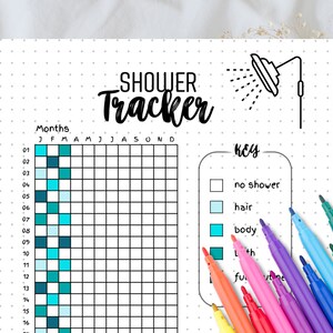 May include: A printable shower tracker with a key for different shower routines. The key includes icons for no shower, hair wash, body wash, and full shower routine. The tracker is designed for a year, with columns for each month.