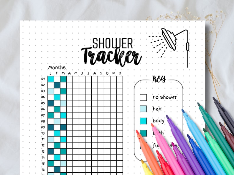 May include: A printable shower tracker with a key for different shower routines. The key includes icons for no shower, hair wash, body wash, and full shower routine. The tracker is designed for a year, with columns for each month.