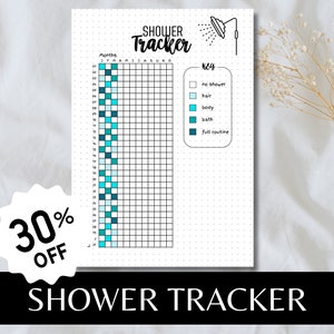May include: A printable shower tracker with a grid for each day of the month. The key includes icons for no shower, hair wash, body wash, bath, and full routine.