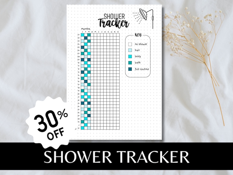 May include: A printable shower tracker with a grid for each day of the month. The key includes icons for no shower, hair wash, body wash, bath, and full routine.