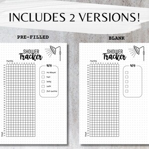 May include: Two printable shower tracker pages, one pre-filled with a key and one blank. The tracker is a grid with days of the month on the left and months across the top. The key includes options for no shower, hair, body, bath, and full routine.