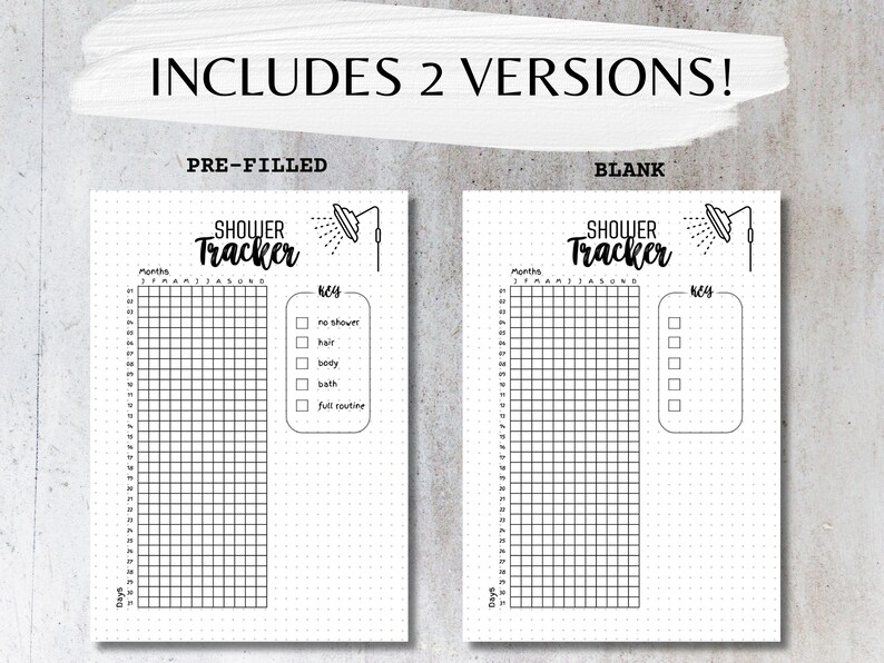 May include: Two printable shower tracker pages, one pre-filled with a key and one blank. The tracker is a grid with days of the month on the left and months across the top. The key includes options for no shower, hair, body, bath, and full routine.