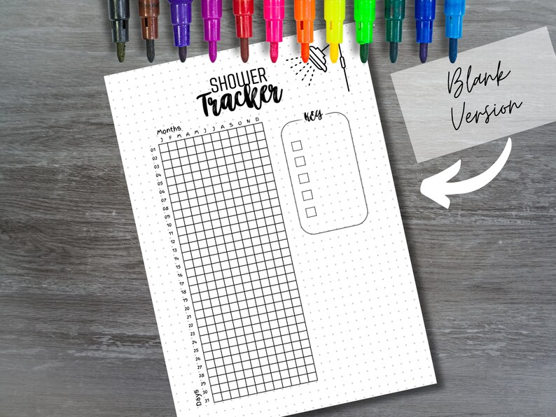 May include: A printable shower tracker with a grid for marking off days of the month and a section for notes. The title is "Shower Tracker" and the image includes a shower head icon.