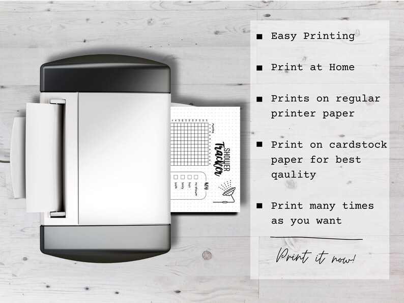 May include: A black and white printable shower tracker with a grid for tracking daily showers. The text "Shower Tracker" is written in a circle with a sun graphic. The text "Print it now!" is written in black on a white background. The text "Easy Printing", "Print at Home", "Prints on regular printer paper", "Print on cardstock paper for best quality", and "Print many times as you want" is written in black on a white background.
