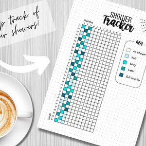 May include: A printable shower tracker with a grid for each day of the month. The grid is colour-coded to track different shower routines: no shower, hair wash, body wash, bath, and full routine.